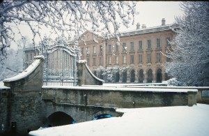 Magdalen College, Oxford after a light snowfall.