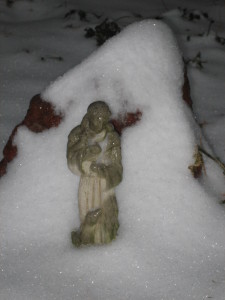 The first snowfall of the year leaves a white mantle on our St. Francis in the garden, and on our red lava rock, what in Asian gardens is called a "scholar's rock".